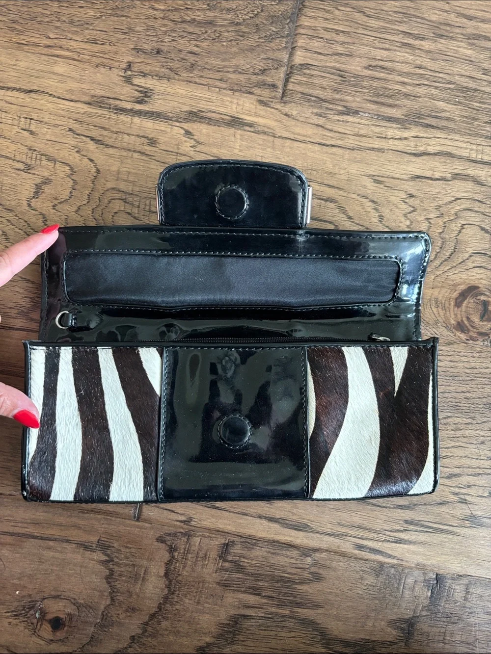 Leather Zebra-Print Clutch Wallet with Black Patent Leather Accent